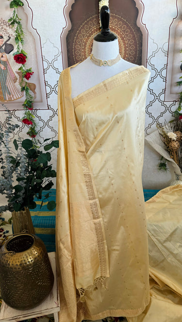 Lightweight Banarasi Katan Silk Saree | Beige | Gold Zari | Handwoven | Silk Mark Certified | Ships from California
